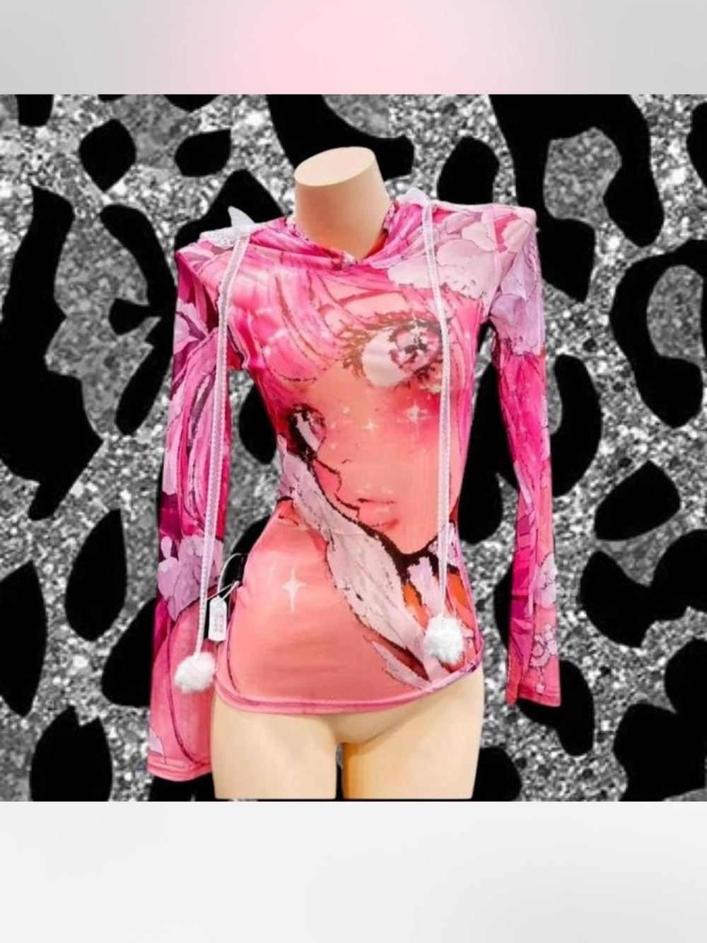 Pink Anime Graphic Hooded Long-Sleeve Top